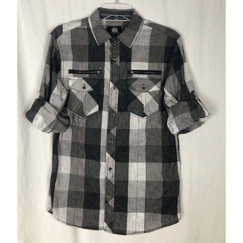 Rock & Republic Shirt Men's S‎ Long Sleeve Roll Tab Button Front Pockets Gray